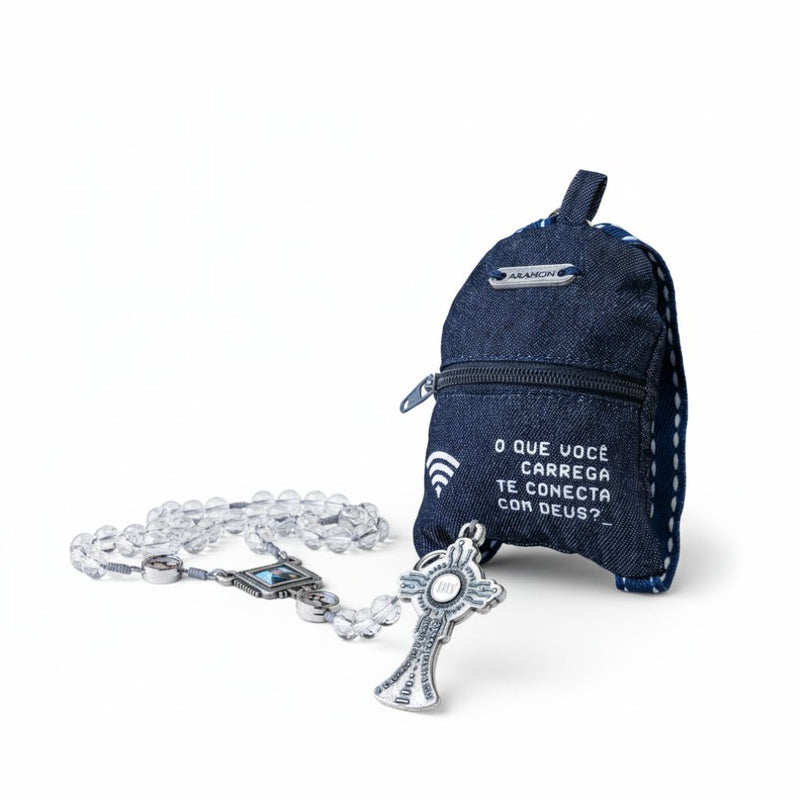 Terço São Carlo Acutis Cristal com Mochila