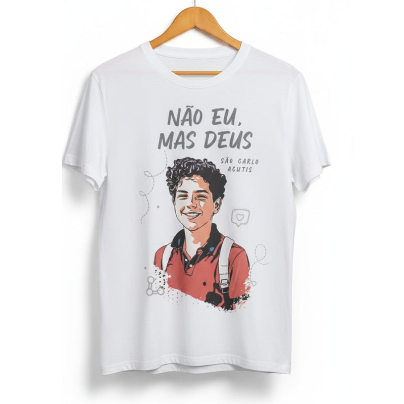 Camiseta Infantil São Carlo Acutis – Não Eu, Mas Deus