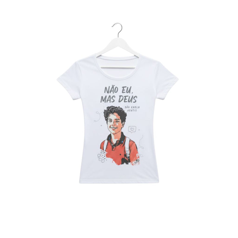 Baby Look Branca Não Eu, Mas Deus São Carlo Acutis